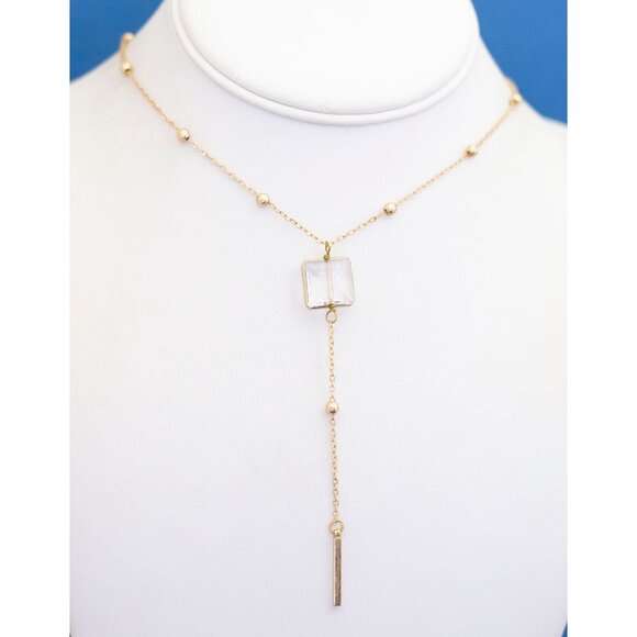 30 inch, Vintage Minimalist Clear Box Gold Tone Tassel Necklace - D9 - Picture 2 of 3